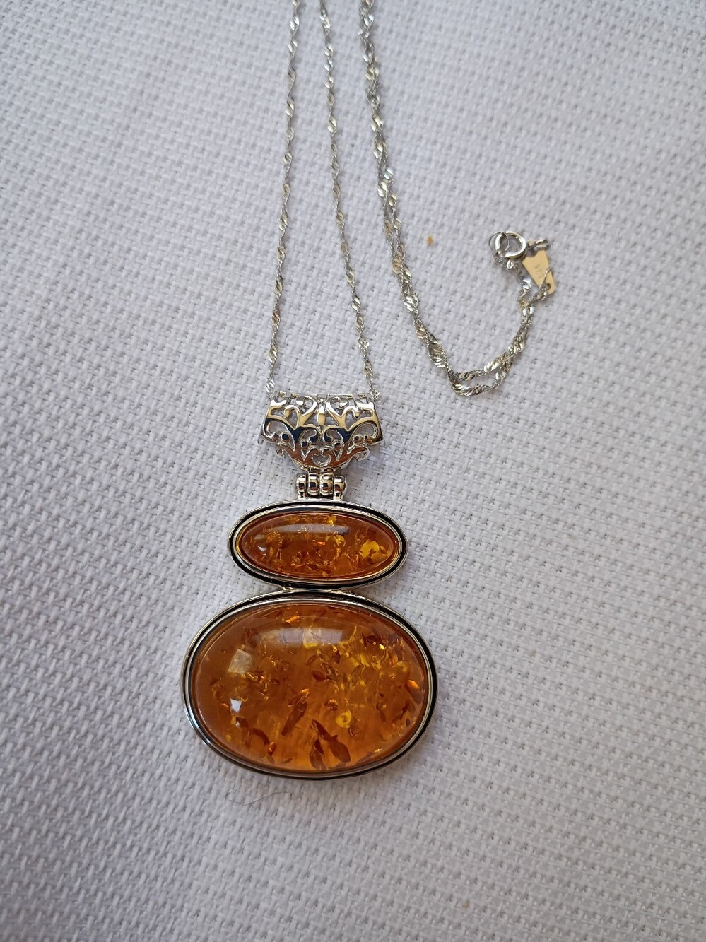 Sterling Silver Amber Double Oval Pendant Necklace Warm Honey Baltic Women's